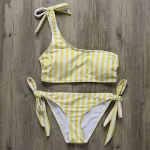 Yellow white striped one shoulder bikini
